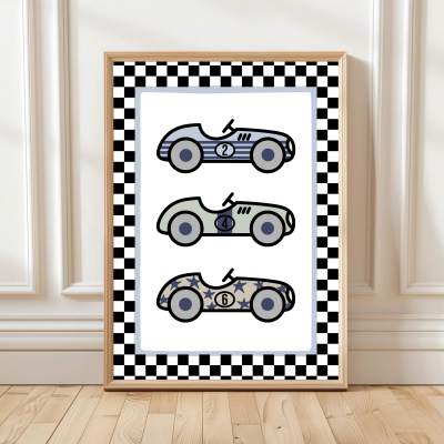 Kids race car wall art featuring three colourful cars with checkered border – motorsport themed print.