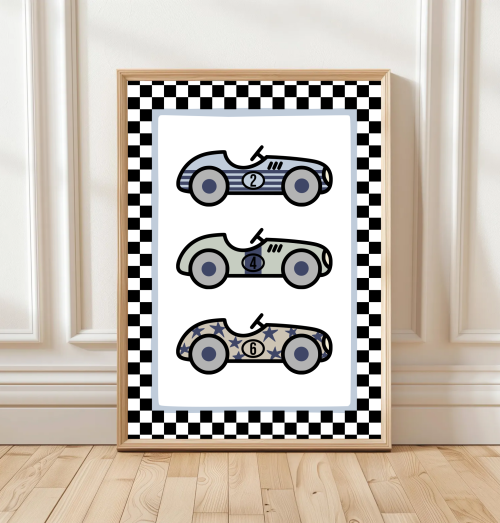 Racing Cars Soft Kids race car wall art featuring three colourful cars with checkered border – motorsport themed print.