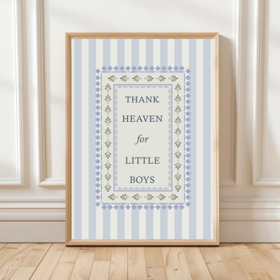 Thank Heaven for Little Boys print with striped background and leaf border – traditional nursery wall art.