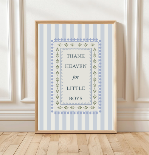 Thank Heaven for Little Boys print with striped background and leaf border – traditional nursery wall art.