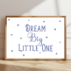 Dream Big Little One print with stars – available in pink or blue – inspirational nursery wall art.