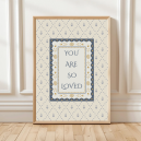 You Are So Loved print with patterned background and double border – available in blue or pink – traditional nursery wall art.