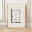 You Are So Loved print with patterned background and double border – available in blue or pink – traditional nursery wall art.