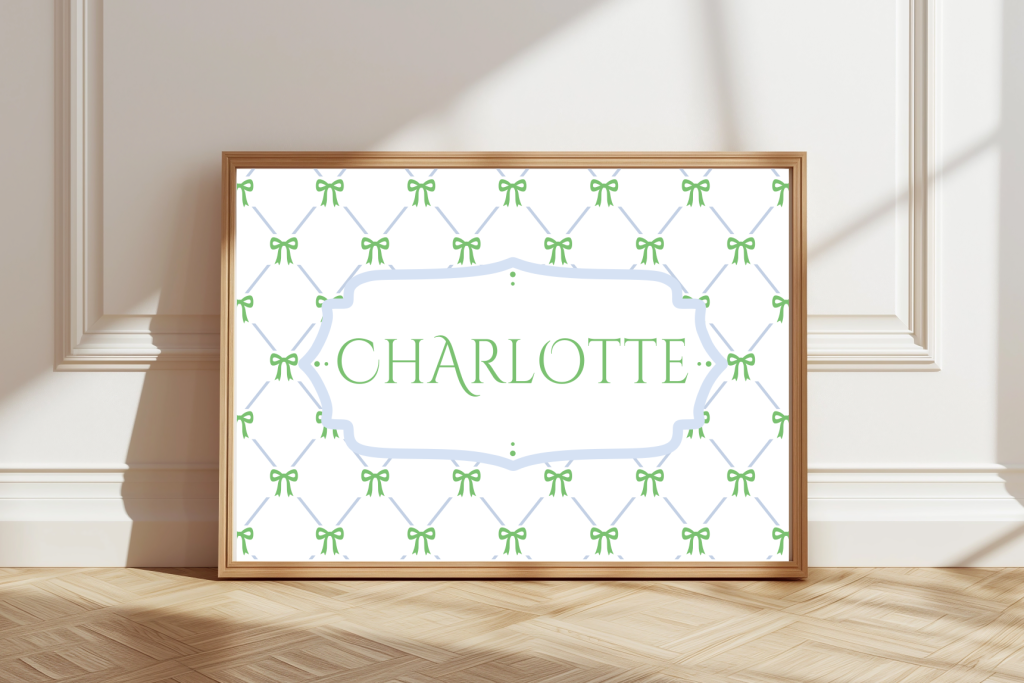 Personalised bow pattern name print with pastel green or pink bows and blue accents – children’s wall art.