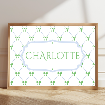 Personalised bow pattern name print with pastel green or pink bows and blue accents – children’s wall art.