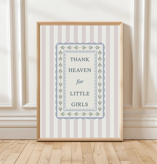 Pink Stripe Thank Heaven for Little Girls print with striped background and leaf border – traditional nursery wall art.
