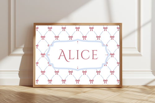 PinkBlue Personalised bow pattern name print with pastel green or pink bows and blue accents – children’s wall art.