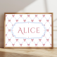 Personalised bow pattern name print with pastel green or pink bows and blue accents – children’s wall art.