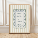 Thank Heaven for Little Boys print with striped background and leaf border – traditional nursery wall art.