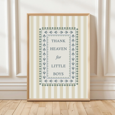 Thank Heaven for Little Boys print with striped background and leaf border – traditional nursery wall art.