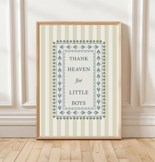 Sand Thank Heaven for Little Boys print with striped background and leaf border – traditional nursery wall art.